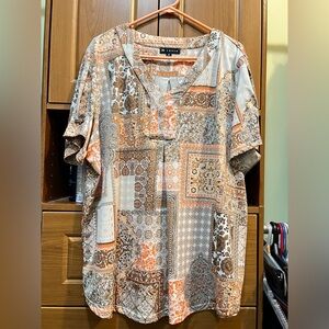 Boho Patchwork V-Neck Blouse in Orange and Brown